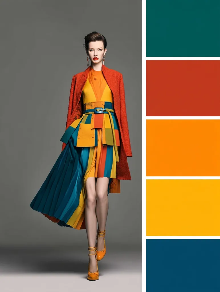 A fashion model showcases a vibrant, multicolored outfit.  The ensemble features a geometrically patterned, pleated midi-skirt in teal, yellow, and orange hues, paired with a matching orange top and a loose-fitting orange jacket.  She wears bright orange heels.  A color palette alongside the image highlights the dominant colors used in the outfit.
