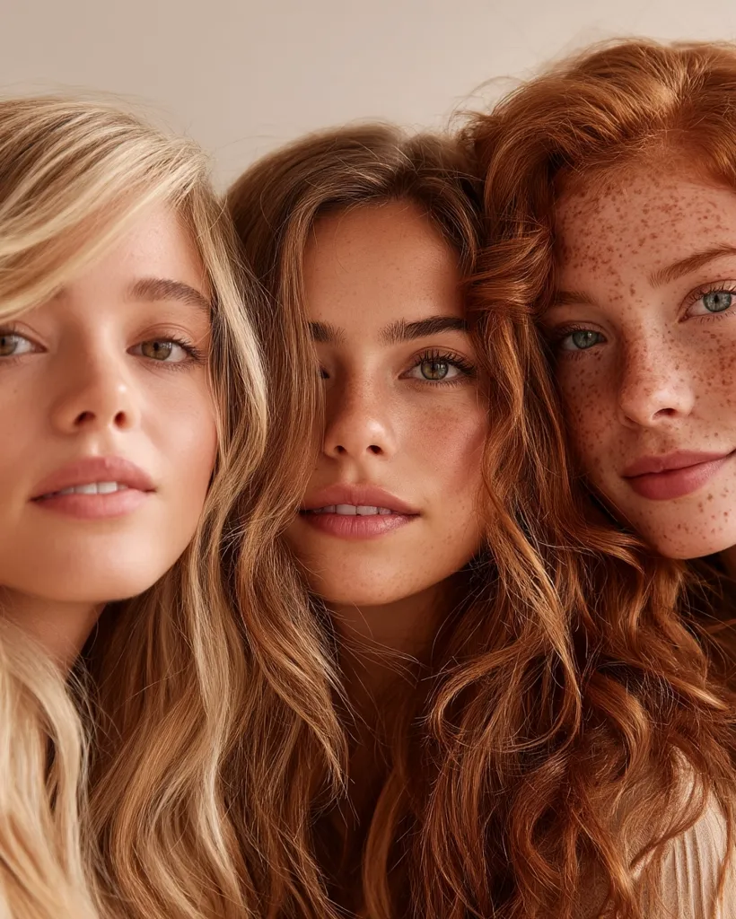Close-up shot of three young women with different hair colors: blonde, light brown, and red.  Their faces are close together, showcasing their natural beauty and diverse hair textures.  The image emphasizes healthy, radiant skin and flowing hair. The overall mood is serene and intimate.