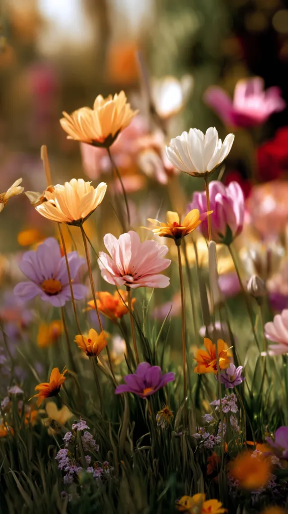 A vibrant meadow bursts with wildflowers in varying shades of pink, orange, and purple.  Delicate petals catch the sunlight, creating a picturesque scene of natural beauty.  Tall stems rise from the lush green grass, showcasing the diverse array of blossoms. The overall impression is one of serenity and springtime abundance.