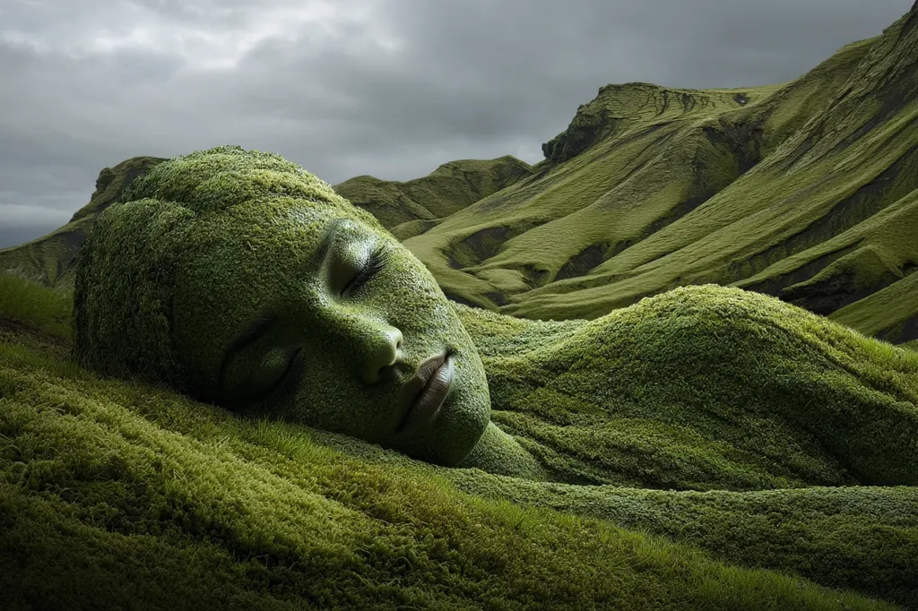 A serene image depicts a woman's face, seemingly sculpted from moss, resting peacefully amidst a landscape of rolling, verdant hills.  The woman's eyes are closed, suggesting tranquility and oneness with nature.  The lush green tones create a harmonious blend of human form and natural environment, evoking a sense of calm and connection to the earth.  The overcast sky adds to the mood of quiet contemplation.