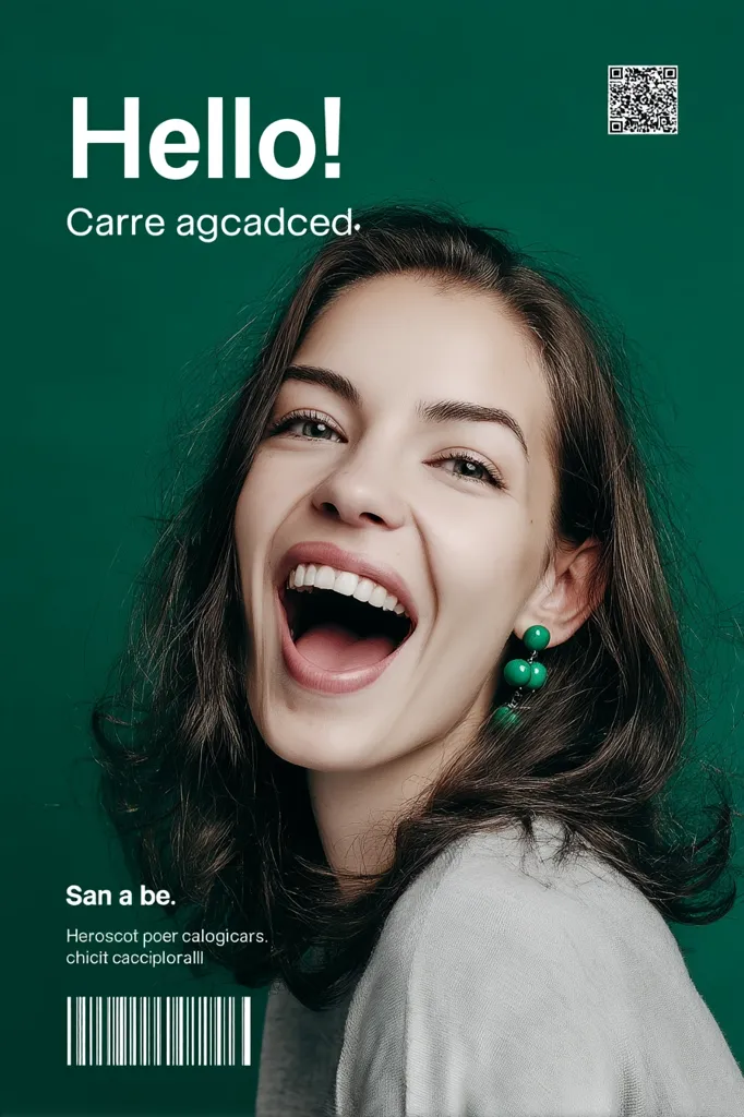 A vibrant image features a woman with long brown hair, a beaming smile, and green earrings.  The background is a deep teal green.  Text overlays include a greeting "Hello!", followed by seemingly nonsensical phrases in a playful, modern design.  A QR code and barcode are also present. The overall tone is cheerful and slightly enigmatic.