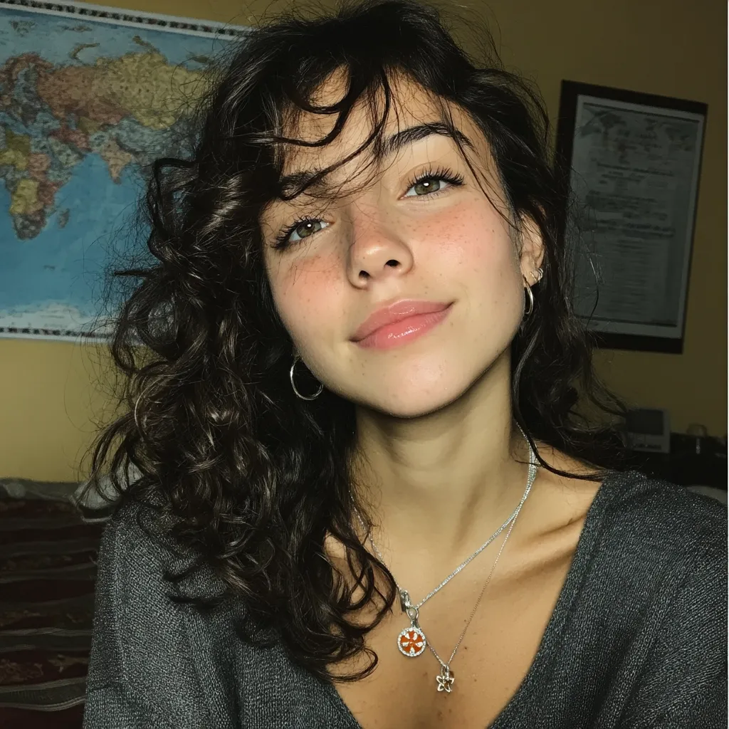 A young woman with naturally curly, dark brown hair looks directly at the camera. Her hair falls around her shoulders, framing a face with freckles and expressive green eyes. She wears hoop earrings and two delicate necklaces with small pendants. The background shows a world map and a framed document, suggesting a home or dorm room setting.  Her expression is pleasant and engaging, giving off a relaxed, approachable vibe.