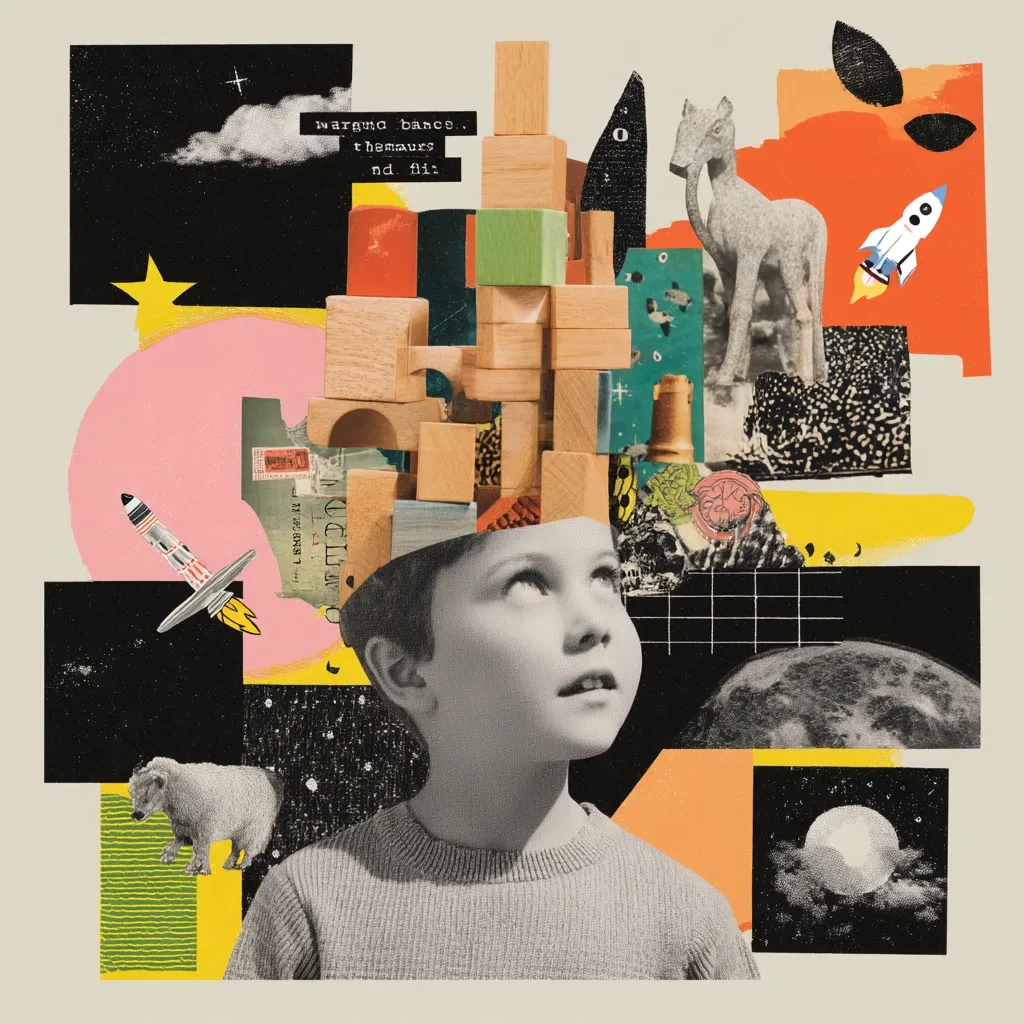 A vibrant collage depicts a child's head replaced by a tower of wooden blocks, symbolizing imagination and boundless potential.  Surrounding imagery includes rockets, animals, celestial bodies, and abstract shapes, creating a whimsical and energetic scene that evokes a sense of wonder and childhood dreams.  The collage blends vintage and modern aesthetics, suggesting a journey through time and possibilities.