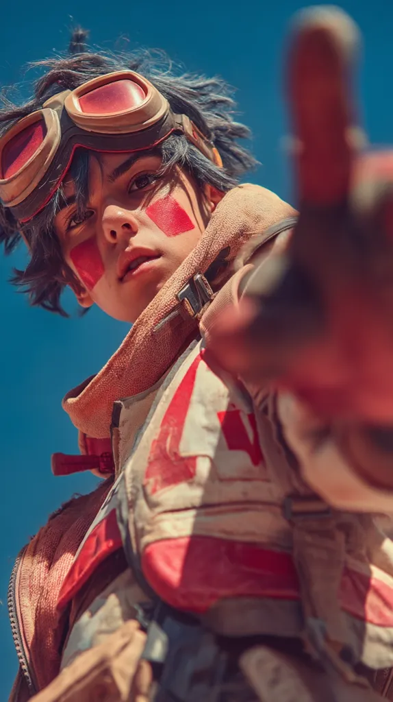 A close-up shot depicts a young person, possibly cosplaying, wearing goggles and a red and tan jumpsuit, with red markings on their cheeks.  They are extending a hand towards the camera, against a bright blue sky. The costume appears weathered, suggesting a post-apocalyptic or adventurous theme. The overall aesthetic is bold and dramatic.