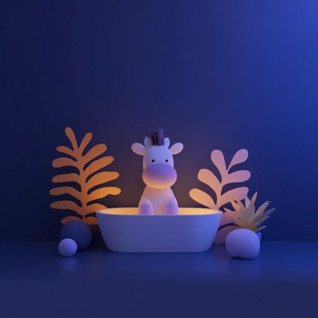 A 3D rendered image depicts a cute cartoon cow taking a bath in a small tub.  The scene is set against a dark blue background, illuminated by a soft, warm light emanating from the tub. Stylized orange and pink leaves flank the tub, with small decorative stones and a potted plant adding to the whimsical, nighttime setting. The overall mood is calming and childlike.