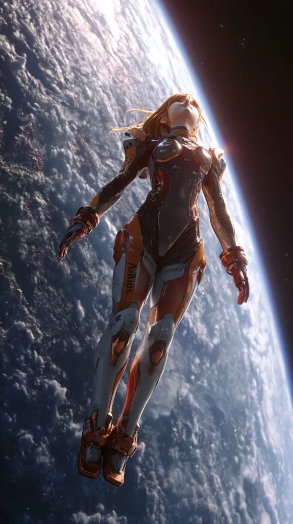 A female astronaut, clad in a futuristic orange and white spacesuit, floats weightlessly in space.  Her gaze is directed upwards, towards the distant stars.  The Earth curves beneath her, a swirling mass of blue and white clouds, showcasing the vastness of space. The image is highly stylized, with a focus on detail and dramatic lighting.  The astronaut's suit bears a subtle logo.