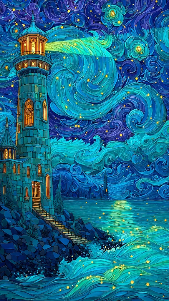 A stylized lighthouse stands on a rocky coast, its beam cutting through a swirling, star-filled night sky reminiscent of Van Gogh's "The Starry Night."  The ocean waves are depicted in vibrant blues and greens, mimicking the artist's impasto style.  The scene is dreamlike and evocative, blending architectural detail with a painterly, expressive seascape.  Small lights dot the water, adding to the magical atmosphere.