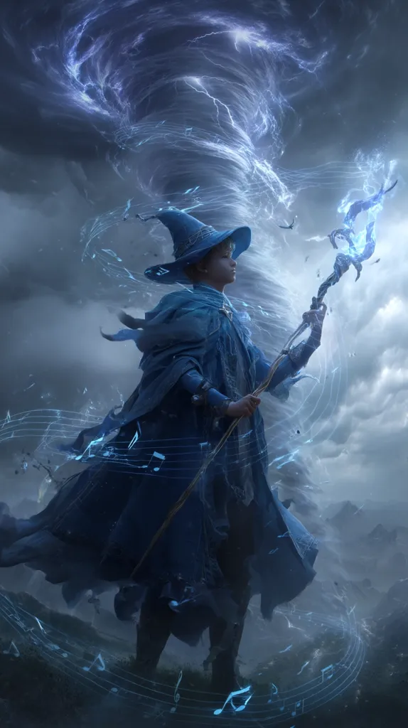 A young wizard, clad in a flowing blue robe and pointed hat, stands amidst a swirling, electric blue vortex.  Musical notes emanate from the storm and the wizard's staff, which glows with ethereal energy.  The scene is dramatic and atmospheric, set against a backdrop of dark, stormy clouds and distant mountains. The overall impression is one of magical power and musical enchantment.