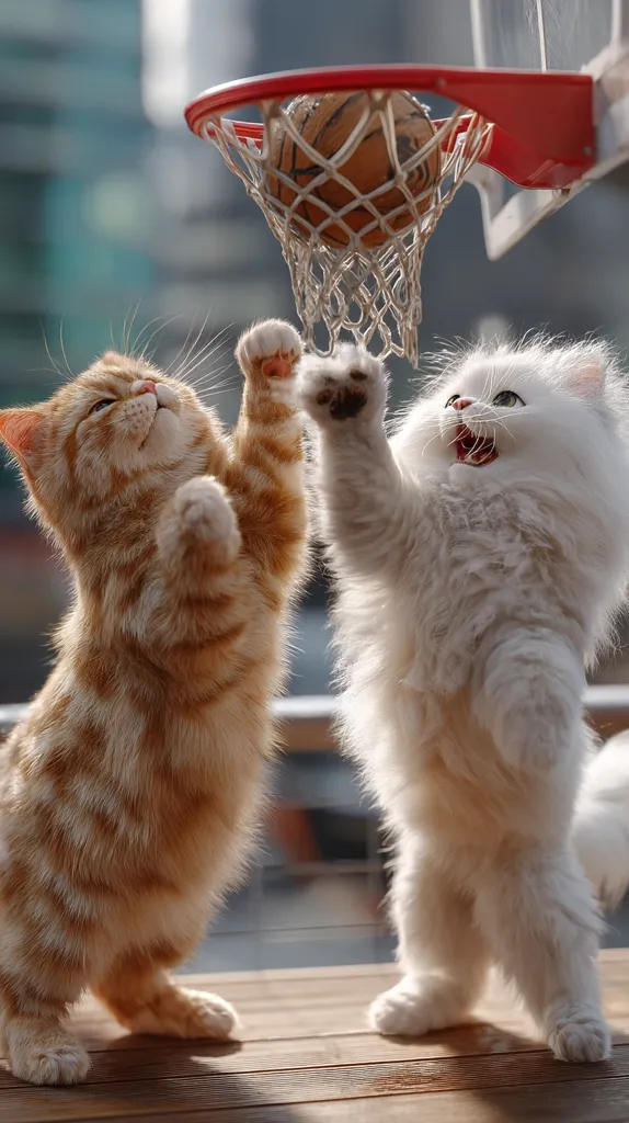 Two adorable kittens, one ginger and one white, playfully reach for a miniature basketball in a miniature hoop.  The kittens stand on their hind legs, their expressions of joyful concentration. The scene is bathed in sunlight, creating a warm and charming atmosphere.  The background is blurred, focusing attention on the playful felines.
