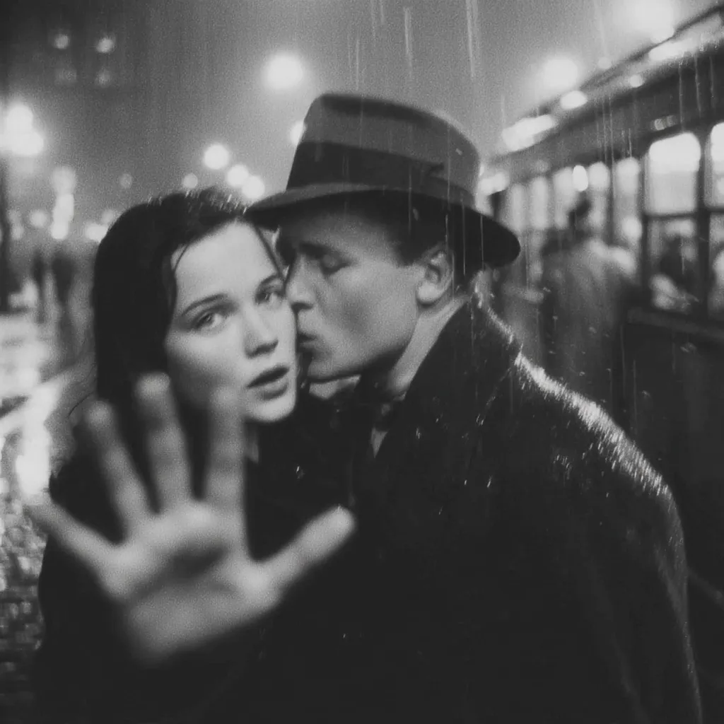 A black and white photograph captures a poignant moment. A man in a fedora leans in to kiss a woman, his lips brushing her cheek.  Rain falls, blurring the background city lights and a passing tram. The woman's hand is raised in front of her face, partially obscuring the scene, suggesting hesitation or reluctance. The image is evocative of romance and uncertainty under the cloak of a rainy night.
