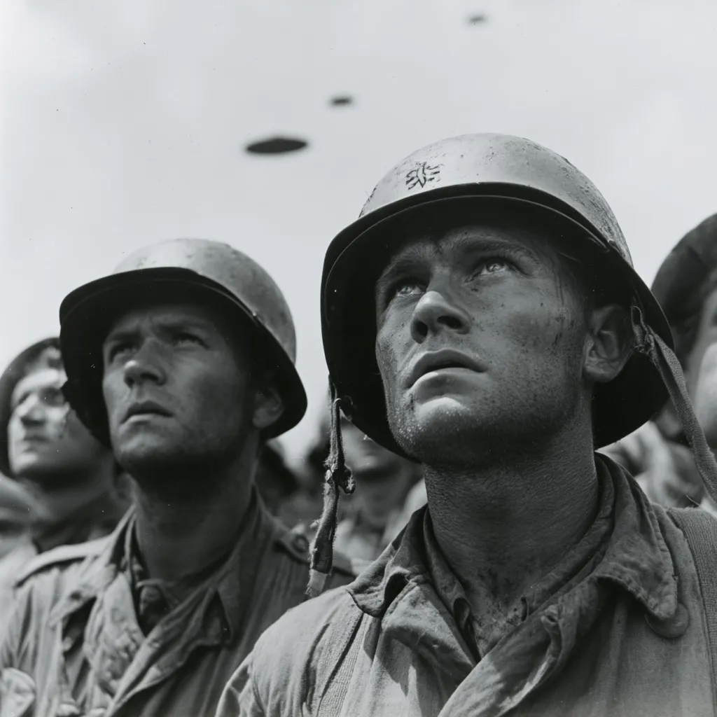 A black and white photograph captures a group of soldiers, their faces grimy and weary, gazing upward.  The focus is sharp on two soldiers in the foreground, their helmets casting shadows on their faces.  Several other soldiers are visible in the background, all similarly dressed and looking skyward.  Planes are faintly visible in the distance, suggesting an aerial event is underway. The image conveys a sense of anticipation and perhaps apprehension.
