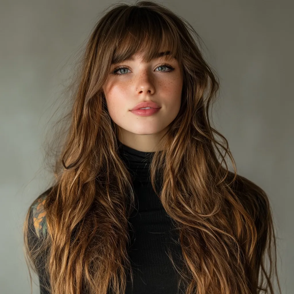 A young woman with long, wavy light brown hair and side-swept bangs looks directly at the camera.  Her hair frames a face with light skin, freckles, and light-colored eyes. She's wearing a black turtleneck top. The background is a muted gray.  The overall impression is one of natural beauty and a calm demeanor.