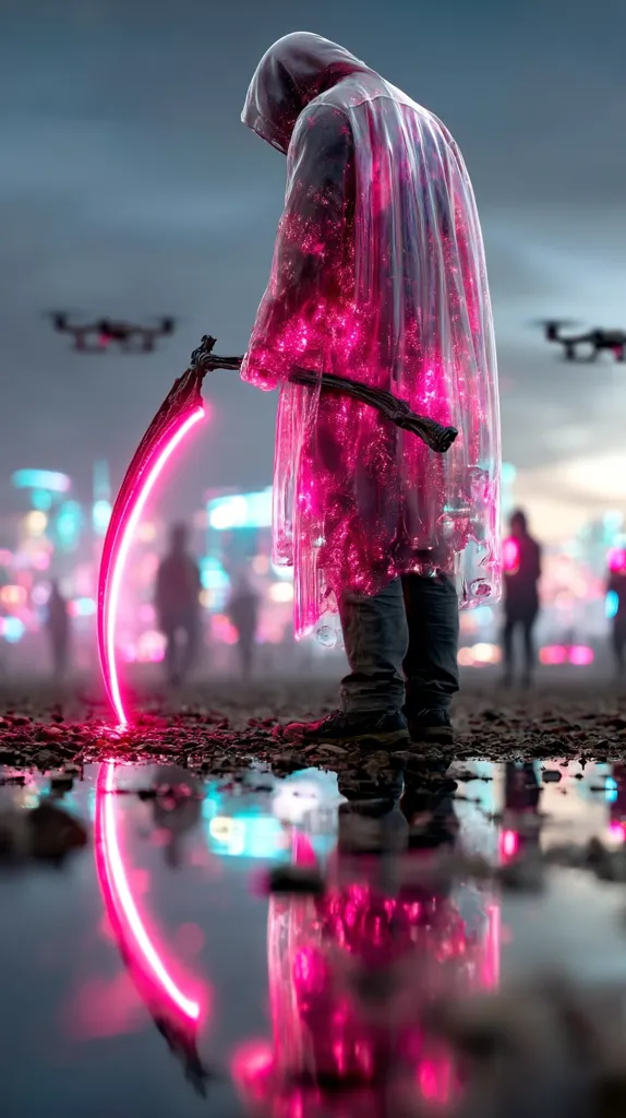 A hooded figure, cloaked in a translucent, pink-glowing raincoat, stands in a muddy puddle.  They hold a glowing pink scythe-like weapon.  Blurred figures and flying drones are visible in the background, suggesting a futuristic, possibly dystopian, cityscape. The image's reflection in the puddle mirrors the scene, creating a visually striking and atmospheric composition.