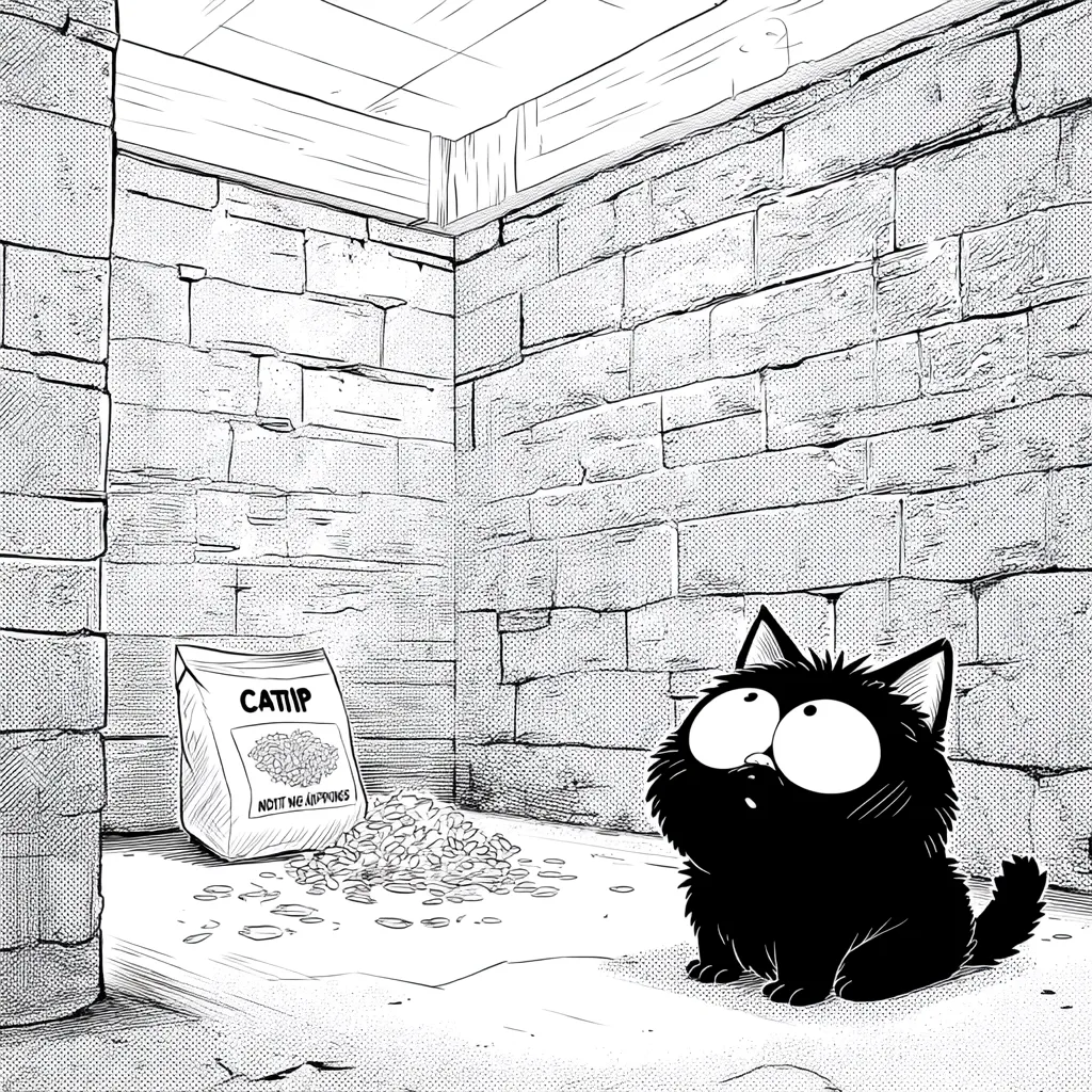 A black cat with large, expressive eyes sits in a small, stone room.  A spilled bag of catnip lies on the floor beside it. The cat appears surprised or curious, gazing upwards. The room's rough-hewn stone walls and simple wooden ceiling create a stark, almost dungeon-like atmosphere. The overall style is a black and white comic-book illustration.