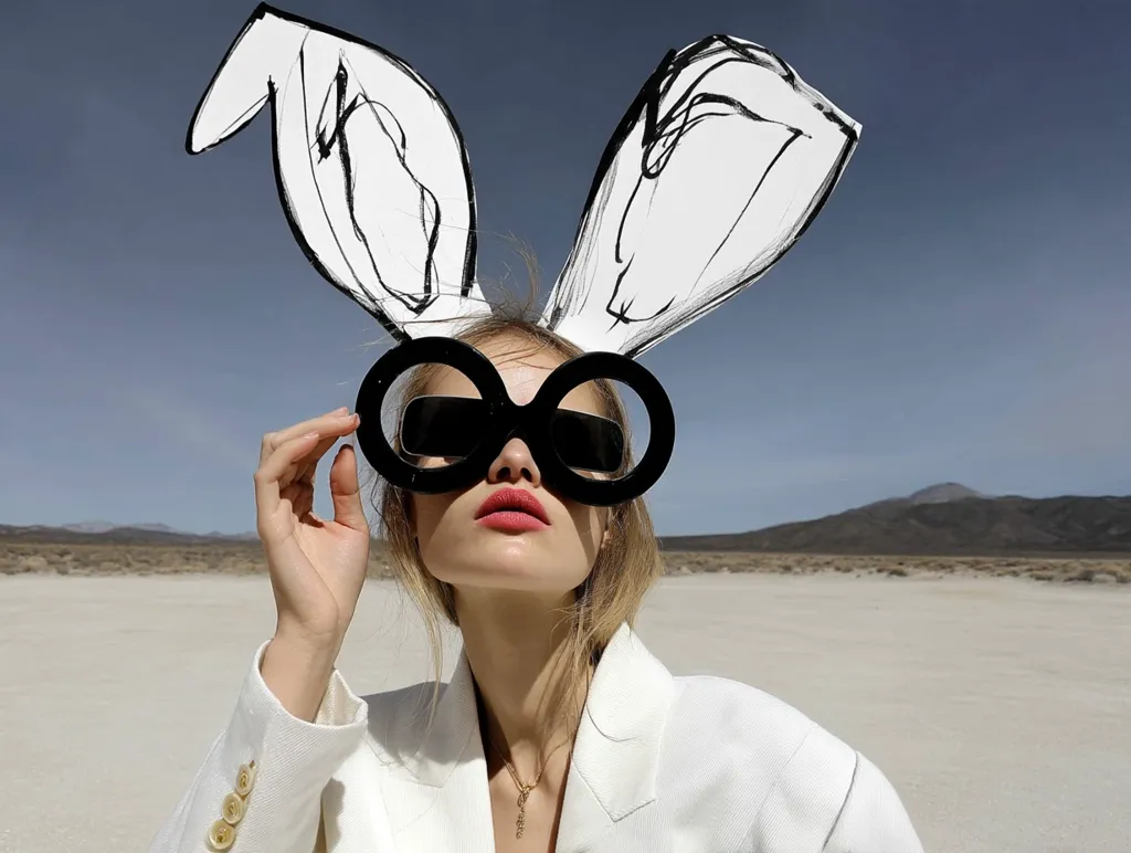 A fashion model, wearing oversized black sunglasses and large, hand-drawn bunny ears, poses in a desolate, sun-drenched landscape. Her white blazer and blonde hair contrast against the stark, white, flat desert. The image is stylized and artistic, emphasizing a playful, slightly surreal mood.  The model's expression is serious yet intriguing.