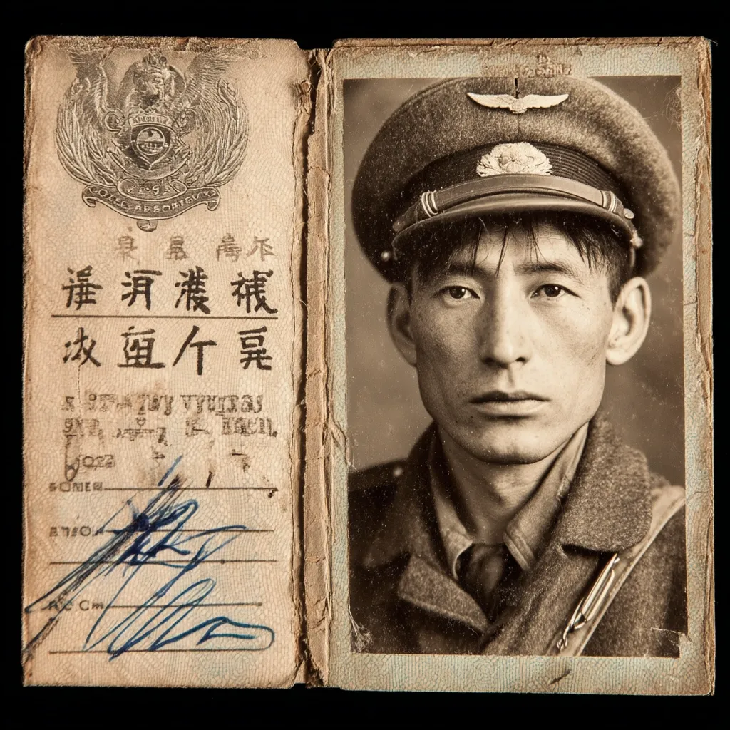 A sepia-toned photograph shows a young Asian man in military uniform.  He wears a peaked cap with insignia, suggesting a soldier. The photo is affixed to an aged, worn document written in a non-Latin script. The document appears to be some form of identification or military pass, showing signs of age and use with handwritten signatures.  The overall impression is one of historical significance.