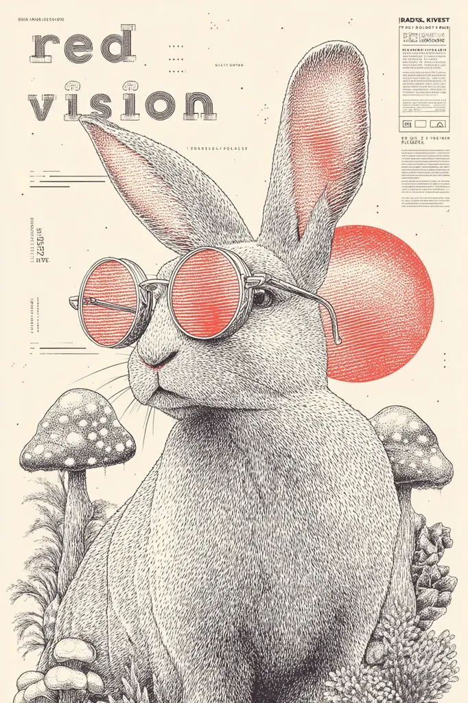 A detailed ink drawing of a rabbit wearing round, red sunglasses.  The rabbit is centrally positioned against a cream background, with the words "red vision" prominently displayed.  Smaller details include mushrooms and plants at the bottom, and a red sun-like shape in the upper right corner. The style is reminiscent of vintage poster art.  Text detailing an event or concert is included.