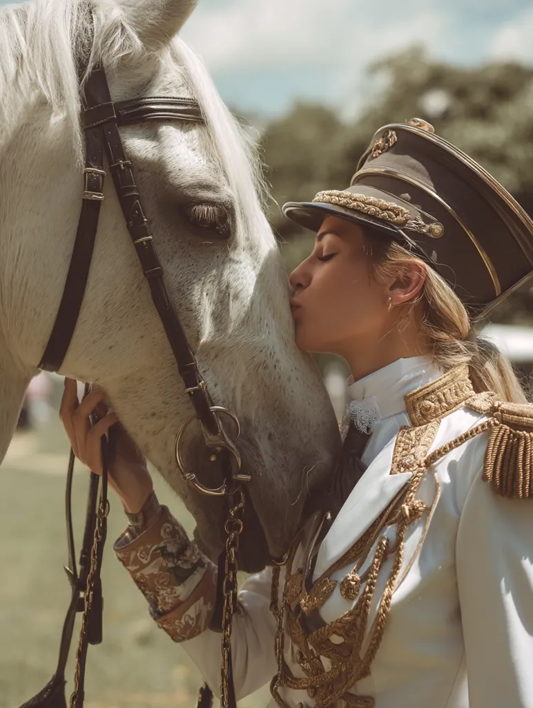 A woman in a vintage military-style jacket and cap gently kisses a white horse.  The horse's bridle and the woman's ornate uniform are richly detailed.  The setting appears to be outdoors, with a softly blurred background suggesting a park or field. The image evokes a sense of elegance and connection between human and animal.