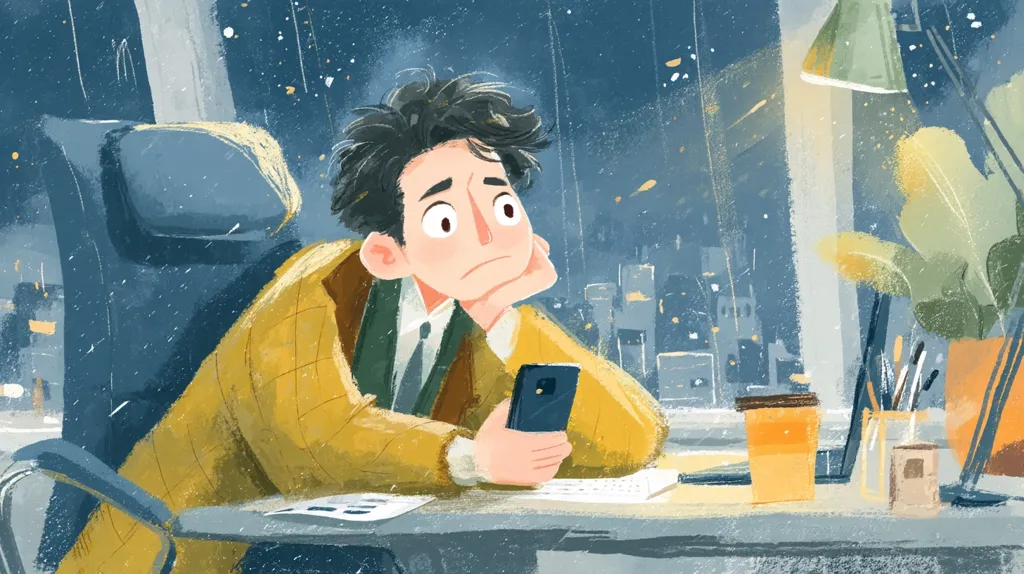 A young man sits at his desk, gazing pensively out a rain-streaked window at a cityscape twinkling with lights.  He rests his chin on his hand, holding a smartphone.  His yellow jacket and the cozy office ambiance create a contemplative mood. A desk lamp illuminates the scene, highlighting a coffee cup and art supplies nearby.  The overall style is loose and painterly.