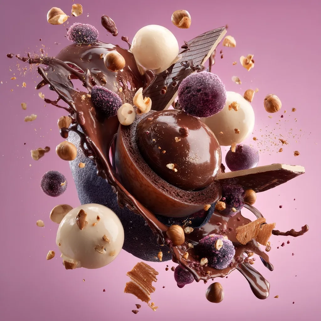 A dynamic image showcases a lavish explosion of chocolate treats.  Rich dark chocolate spheres, glossy bonbons, creamy white chocolates, and hazelnuts are suspended mid-air, splashed with molten chocolate.  Pieces of chocolate bark and delicate wafers add textural contrast against a soft purple backdrop. The overall effect is one of luxurious indulgence and playful movement.