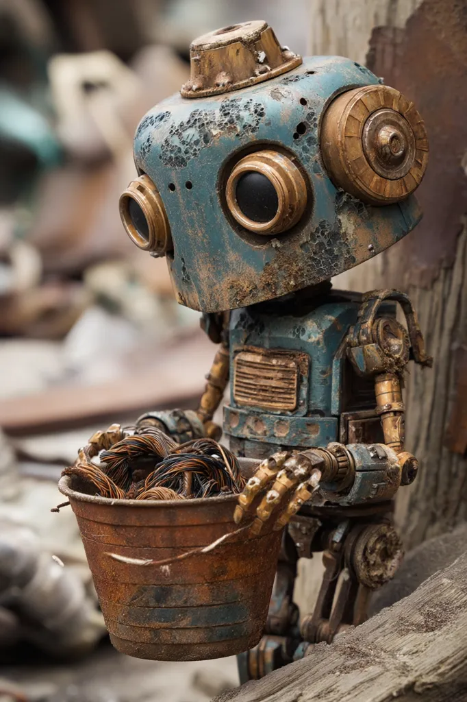 A weathered, steampunk-style robot, predominantly teal and gold, holds a rusty bucket filled with copper wire.  Its body shows signs of age and wear, with exposed metal and a distressed paint job.  The robot's large, round eyes and intricate details add to its character. It stands against a backdrop of a cluttered, post-industrial environment.