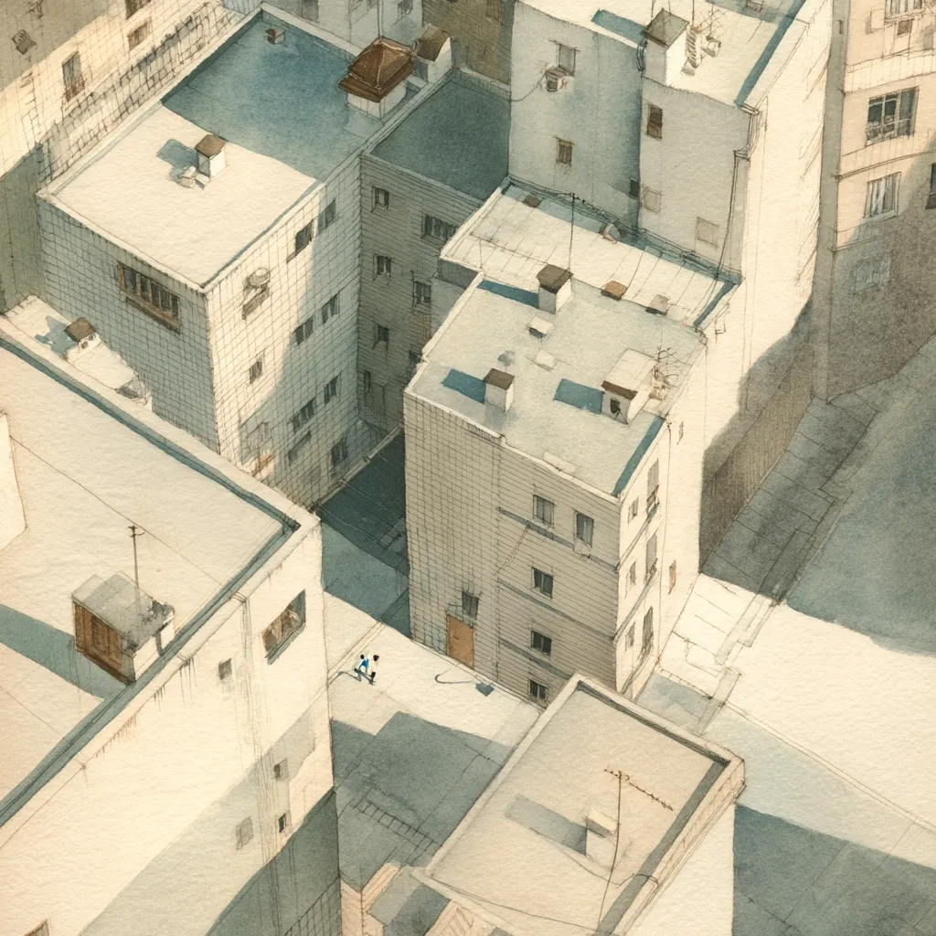 A high-angle watercolor painting depicts a city scene.  Cream-colored buildings with flat roofs crowd together, their shadows stretching across narrow alleyways. Two small figures, possibly children, are walking in a sunlit area between the buildings. The overall style is minimalist and serene, emphasizing the architectural forms and the play of light and shadow.