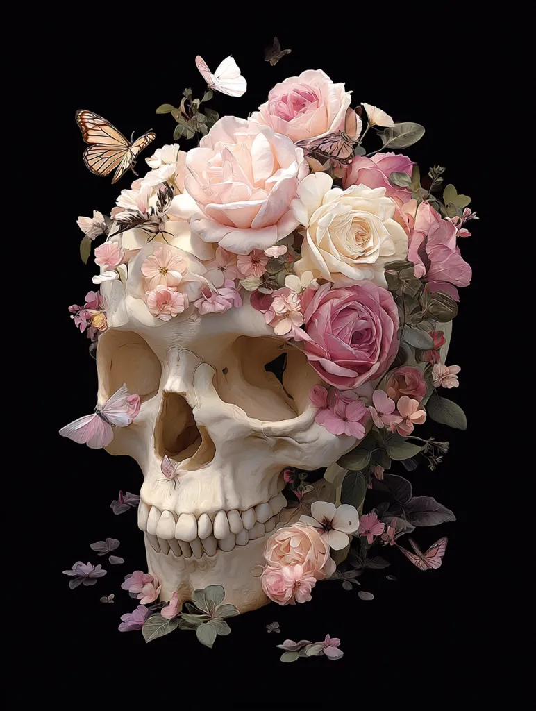A human skull is adorned with a profusion of delicate pink and cream roses, interspersed with smaller blossoms and lush green foliage.  Butterflies of varying sizes and shades flutter around the floral arrangement, creating a striking contrast between the memento mori and the vibrant beauty of nature. The image is set against a stark black background, emphasizing the detail and ethereal quality of the composition.