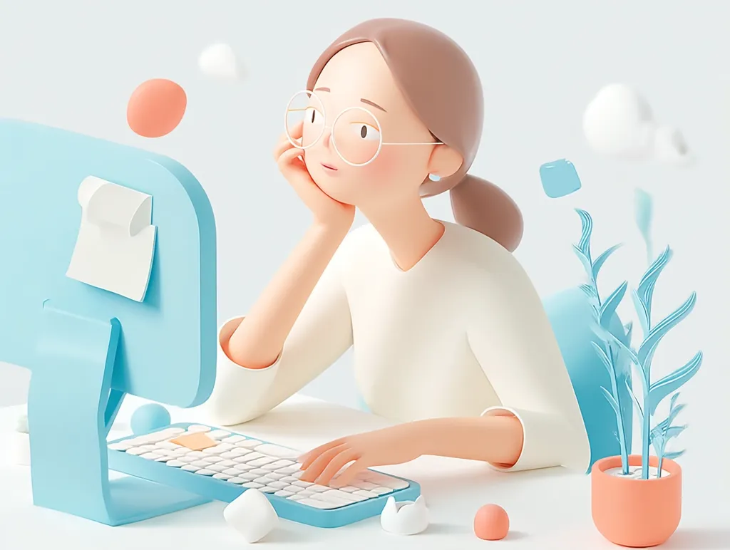 A 3D-rendered illustration depicts a woman with brown hair and glasses seated at a light blue computer.  She rests her chin on her hand, appearing thoughtful.  The scene is minimalist, featuring pastel colors and simple shapes, with a small plant in a pot and floating shapes adding to the calming aesthetic.  The overall impression is one of peaceful contemplation during work.