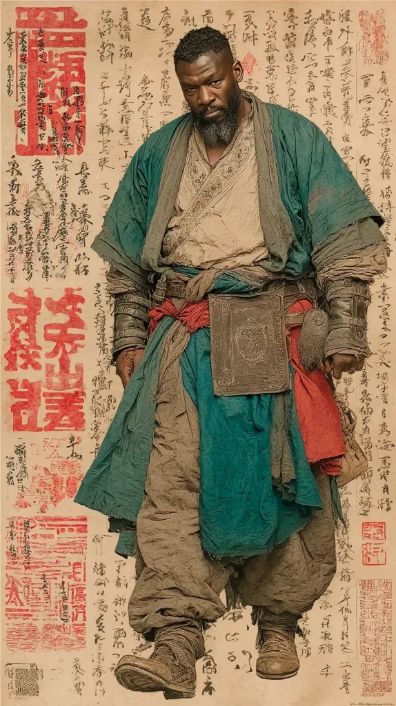 A stylized portrait of a dark-skinned man in a weathered, teal and beige Asian-inspired robe. He has a short, dark beard and is standing against a backdrop of aged, red-stamped Chinese script. His clothing is layered and appears worn, suggesting a journey or hardship.  He carries a satchel with an embossed emblem, adding to his mysterious, possibly nomadic, character.  The overall aesthetic is aged and textured, resembling an antique print.