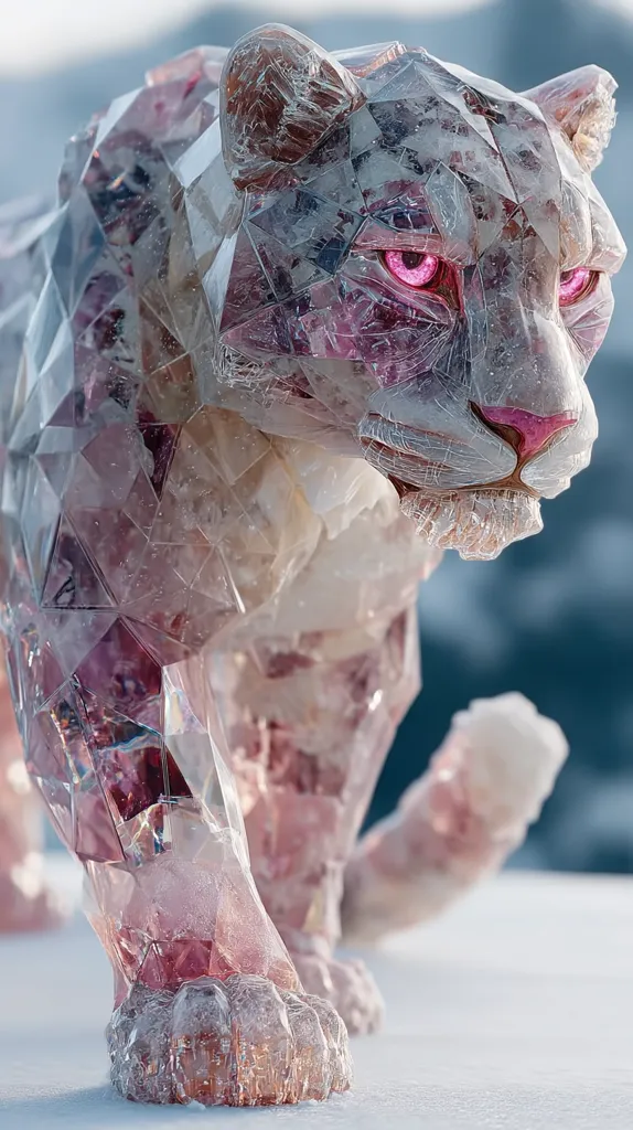 A snow leopard, rendered in a crystalline structure, stands on a snowy landscape.  Its body is composed of translucent, faceted crystals, with hints of pink and rose hues.  Bright pink eyes glow intensely, contrasting with the icy exterior.  The overall effect is ethereal and captivating, portraying a majestic creature transformed into a work of art.