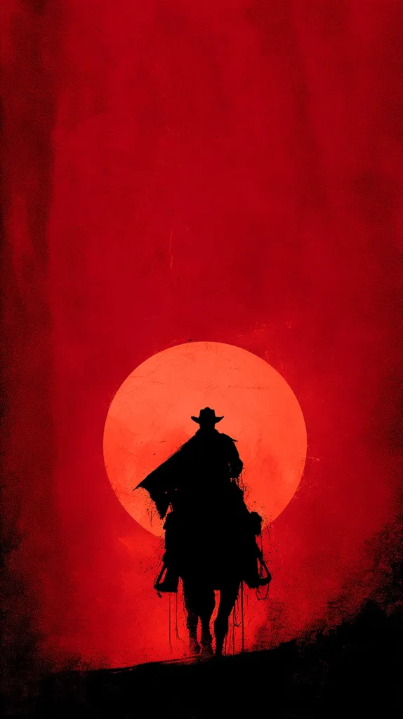 A lone cowboy, silhouetted against a large, crimson sun, rides his horse across a red-hued landscape.  The stark black figure of the rider and horse contrasts dramatically with the fiery background, creating a powerful and evocative image reminiscent of a classic Western.  The overall mood is one of isolation and perhaps impending danger.