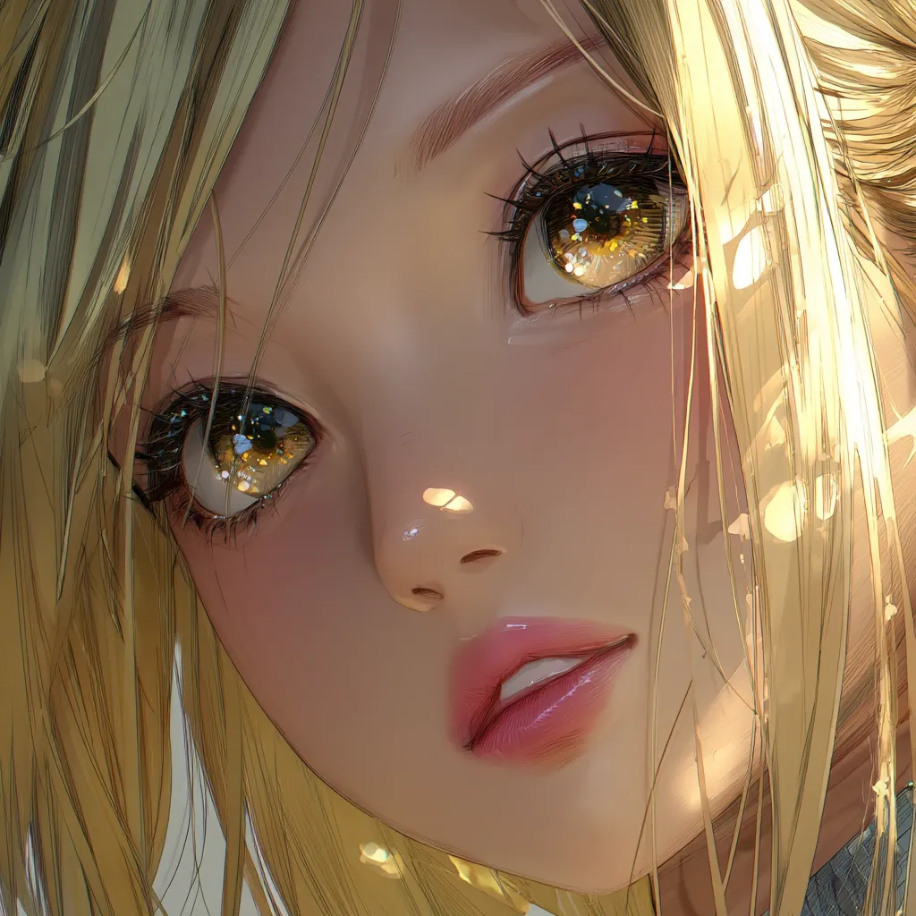A close-up illustration of a young woman with blonde hair and striking golden eyes.  Her expression is soft and slightly curious.  The art style is anime-inspired, with a focus on delicate features and glowing highlights, giving her a luminous quality. The overall mood is serene and beautiful.