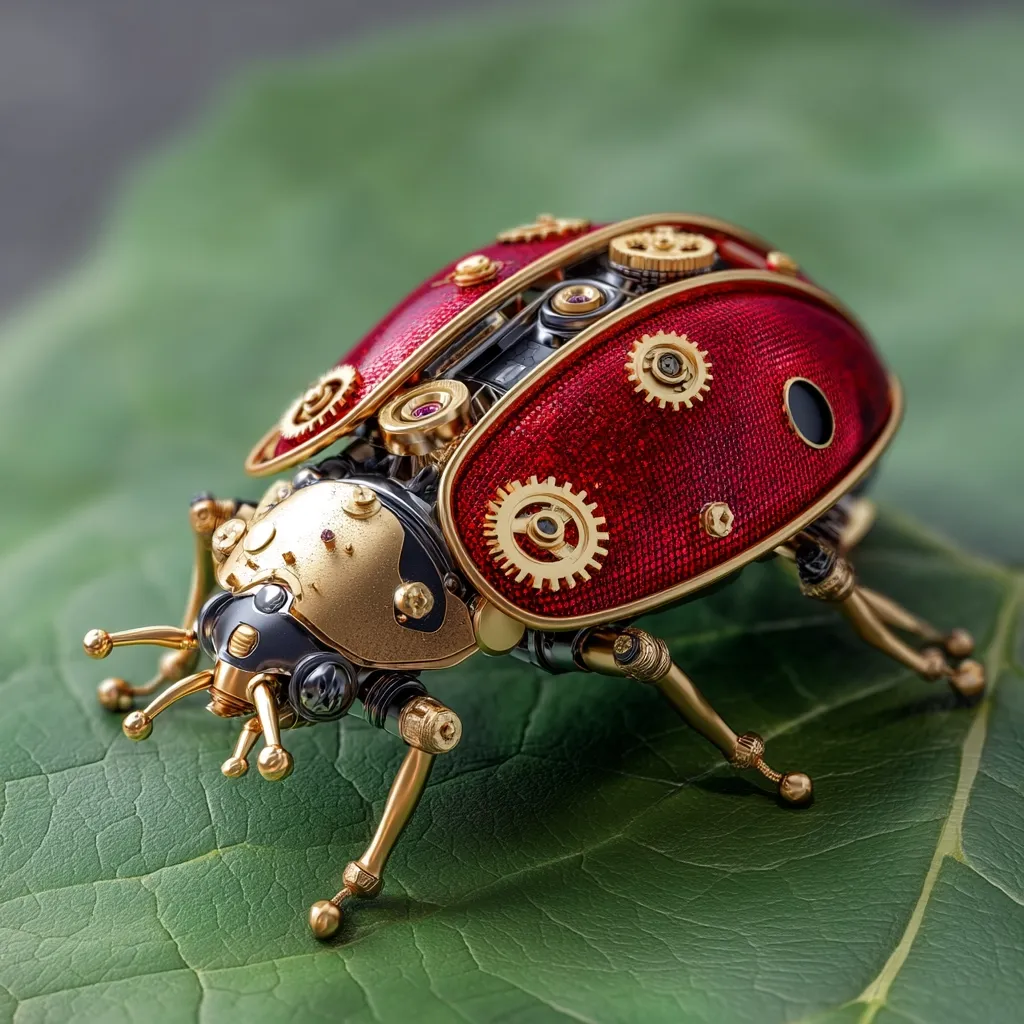 A meticulously crafted steampunk ladybug rests on a vibrant green leaf.  Its shell is a rich red, adorned with intricate gold gears and metallic accents.  Black and gold components form its body and legs, showcasing a fascinating blend of organic and mechanical design. The detail is exquisite, making it appear both delicate and robust.