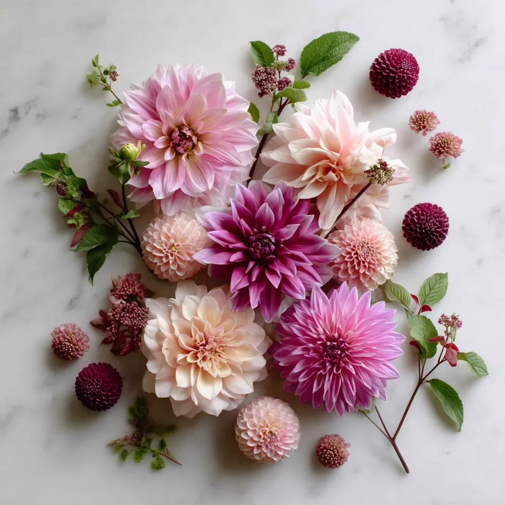 A stunning arrangement of dahlias in varying shades of pink and purple is artfully scattered on a marble surface.  Smaller dahlias and sprigs of greenery complement the larger blooms, creating a visually appealing and elegant floral display. The composition showcases the beauty and delicate textures of the flowers.  The overall effect is one of romantic and sophisticated charm.