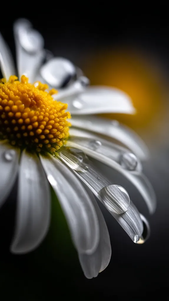 A close-up shot reveals a dew-kissed daisy, its pristine white petals delicately adorned with glistening water droplets. The yellow center, a vibrant contrast, is sharply in focus.  The dark background emphasizes the flower's details, creating a dramatic and serene image. The photograph captures the beauty of nature's simple elegance.