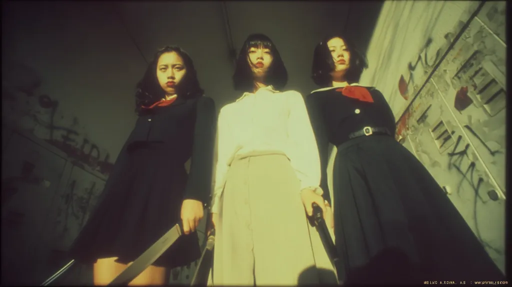 Three girls in school uniforms stand against a graffiti-covered wall, a low-angle shot emphasizing their imposing presence.  They hold long knives, creating a menacing atmosphere.  The image is stylized with a vintage film look, warm lighting, and saturated colors.  The central figure wears a light-colored shirt and high-waisted pants, while the others are in darker uniforms. The overall mood is dark and slightly unsettling.