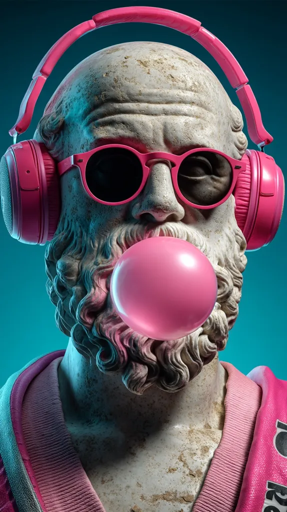 A weathered marble bust of a classical Greek philosopher is depicted wearing vibrant pink accessories:  over-ear headphones, sunglasses, and a jacket.  The philosopher blows a large pink bubble, creating a striking juxtaposition of antiquity and modern pop culture. The image is a digitally manipulated artwork, merging historical sculpture with contemporary style.