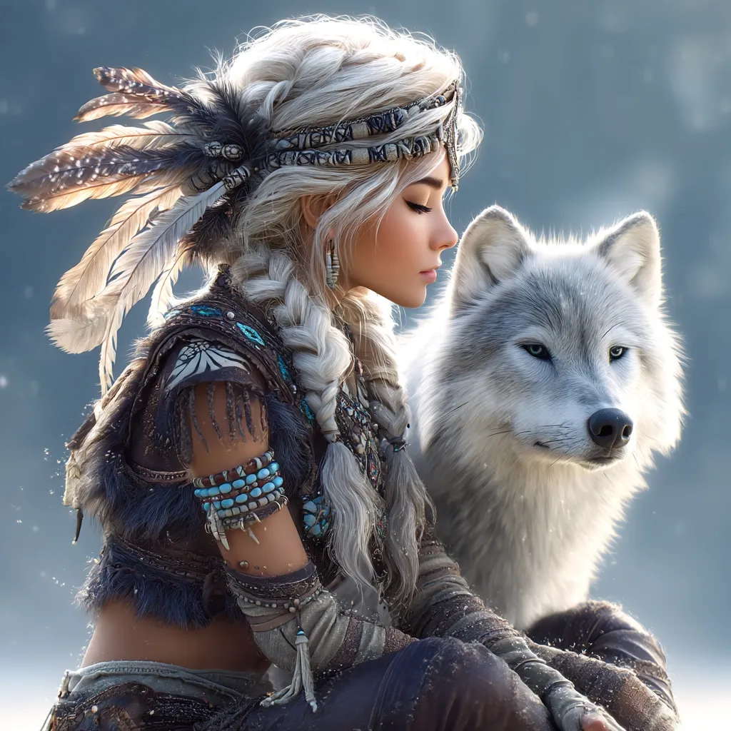 A digital painting depicts a young woman with long, braided blonde hair adorned with a feathered headdress and intricate jewelry.  She sits alongside a majestic white wolf, their gazes serene and connected.  The woman's attire suggests a fantasy or Native American-inspired style, with earthy tones and turquoise accents.  The background is a soft, blurred winter landscape.  The overall mood is peaceful and mystical.
