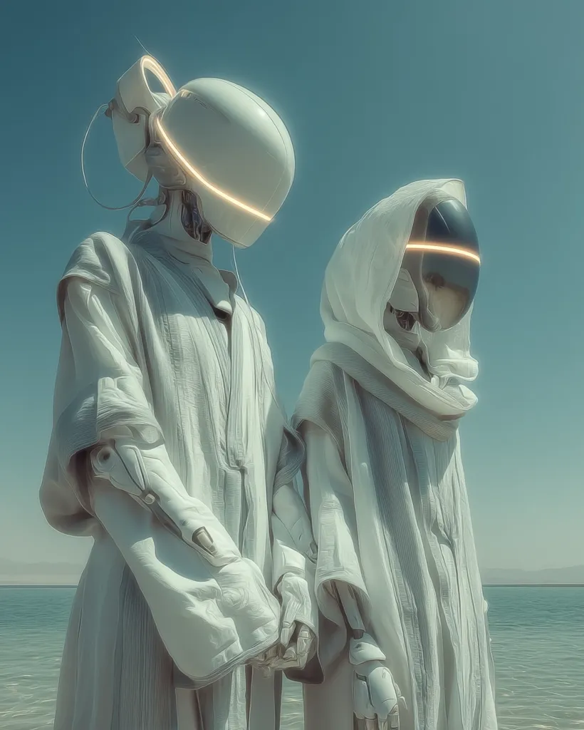 Two futuristic robots, clad in flowing white robes, stand hand-in-hand by a calm sea under a clear blue sky.  Their helmets and robotic limbs contrast with the soft fabric of their garments, creating a surreal and peaceful scene.  The lighting is soft and ethereal, enhancing the dreamlike quality of the image.  The overall impression is one of serene contemplation and a sense of otherworldly beauty.