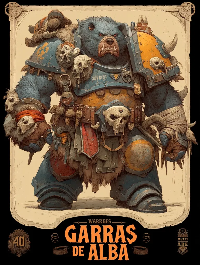 A large, anthropomorphic bear in power armor stands, adorned with numerous skulls and tribal accessories.  The armor is a mix of blue and orange, showing signs of wear and battle. The bear's expression is fierce. The image is framed with a vintage-style border, featuring the title "Garras de Alba" (Claws of Alba) and the artist's name, Warbes.  The style is reminiscent of fantasy wargaming art.