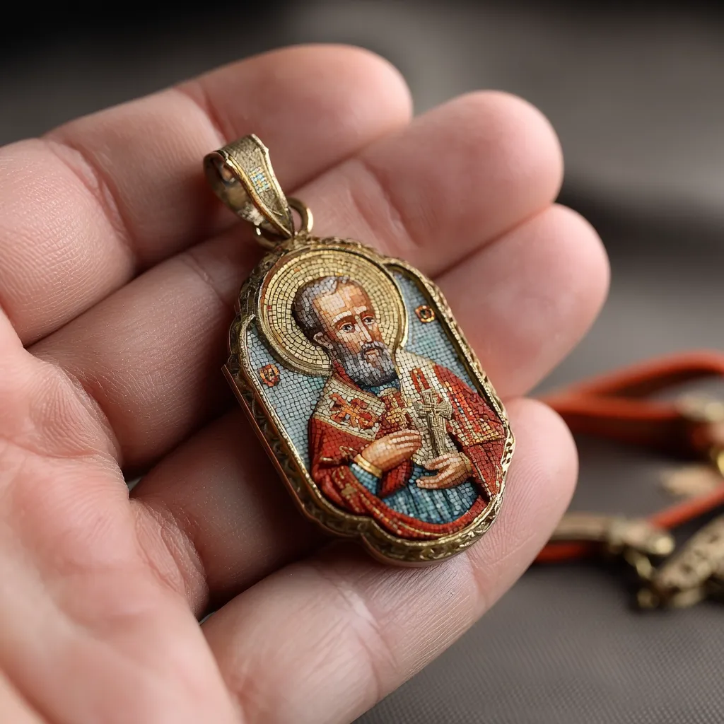 A hand holds a delicate gold pendant featuring a micro-mosaic of Saint Nicholas.  The saint is depicted in ornate robes, holding a cross. The pendant is intricately detailed, showcasing the artist's skill in creating a miniature work of art.  The gold frame adds to the pendant's elegance and religious significance.  A portion of an orange cord is visible in the background, suggesting the pendant is part of a necklace.