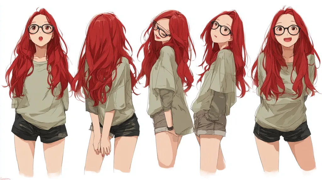The image shows an anime girl with long, vibrant red hair and glasses in four different poses. She's wearing a loose, olive-green shirt and dark shorts.  Her expressions vary from surprised to slightly coy, showcasing diverse body language. The style is soft and casual, with a focus on her hair and overall appearance.  The background is plain white, highlighting the subject.