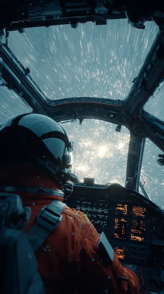 An astronaut in an orange spacesuit pilots a spacecraft.  The cockpit's large window reveals a breathtaking view of countless streaks of light, possibly meteoroids, rushing past at high velocity.  The scene is dramatic and evokes a sense of intense speed and travel through space.  The control panel glows with illuminated readouts.