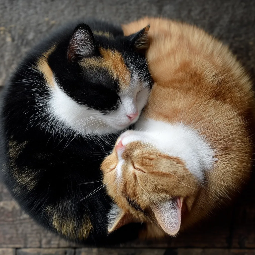 Two cats, a calico and an orange tabby, cuddle together in a circle, fast asleep.  The calico is predominantly black, white, and orange, while the tabby displays rich orange and white fur. Their eyes are closed peacefully, showcasing a tender moment of feline companionship.  The cats are nestled closely, their bodies forming a complete circle on a dark wooden surface.