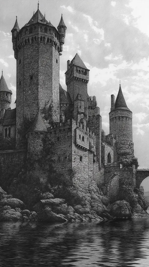 A majestic stone castle, perched on a rocky outcrop, stands proudly beside a calm body of water.  Its multiple towers, crenellations, and sturdy walls speak of a bygone era.  The detailed, black and white depiction emphasizes the castle's imposing architecture and its picturesque setting, creating a sense of history and mystery.  The water reflects the castle, mirroring its grandeur.