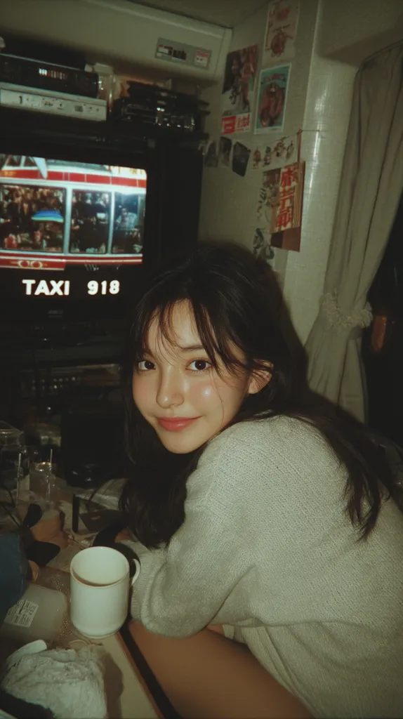 A young woman with long dark hair sits in a dimly lit room, her face softly illuminated.  She wears a light beige sweater and holds a white mug.  Behind her, a vintage television plays, displaying a scene from a movie or show.  The room is decorated with posters and various items, giving it a nostalgic, retro feel.  The overall mood is calm and intimate, captured with a film-like quality.
