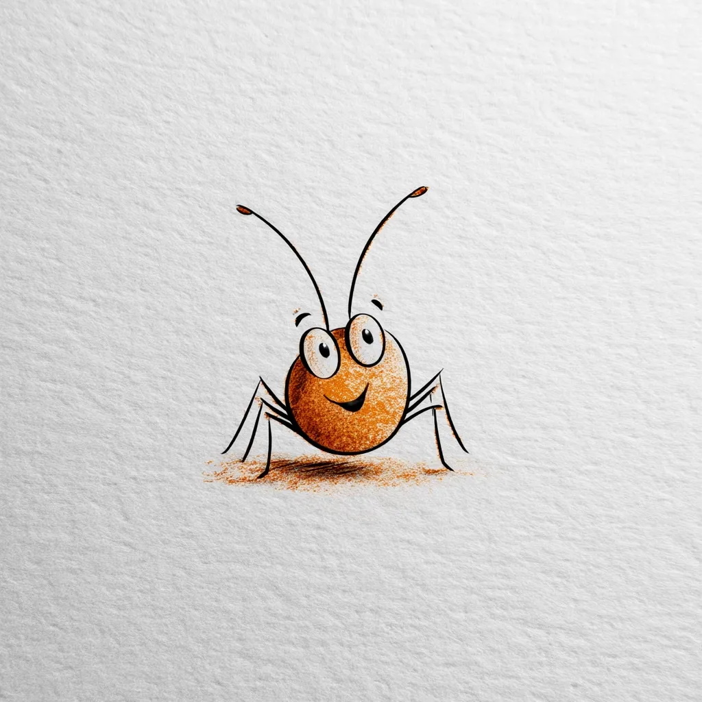 A whimsical illustration of a cartoon spider.  The spider is orange, round-bodied, with spindly legs and large, expressive eyes. It has a cheerful expression and antennae, giving it a friendly and playful appearance. The drawing style is simple, with visible pencil or crayon texture, suggesting a childlike or hand-drawn aesthetic.  The background is plain, off-white paper, providing contrast to the vibrant orange spider.