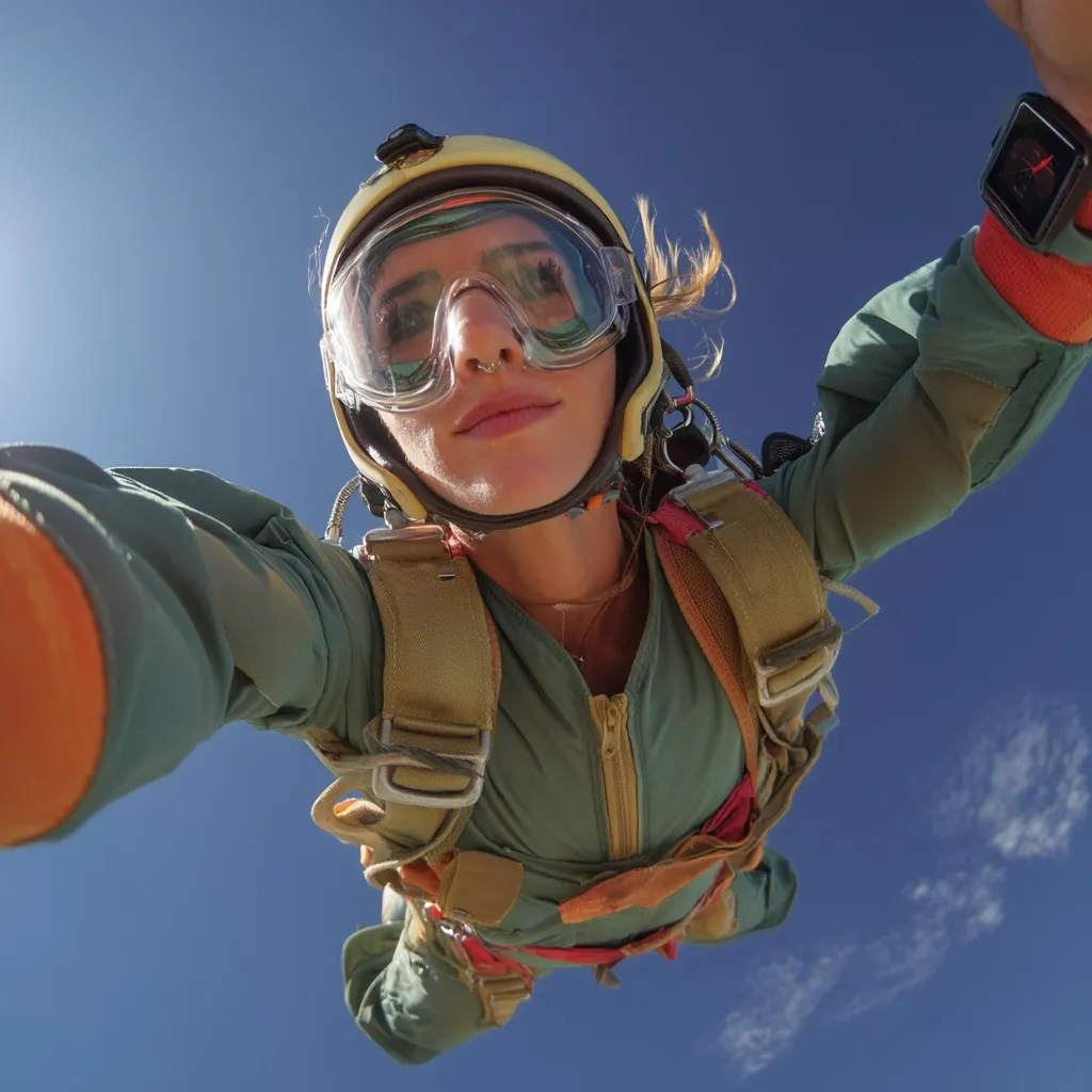 A skydiver, wearing a green jumpsuit, helmet, and goggles, takes a selfie mid-freefall.  The bright blue sky forms a backdrop to her upward-facing perspective.  She's equipped with a harness and parachute gear, visible in the image.  A smartwatch is on her wrist. The photo captures the thrill and excitement of skydiving.