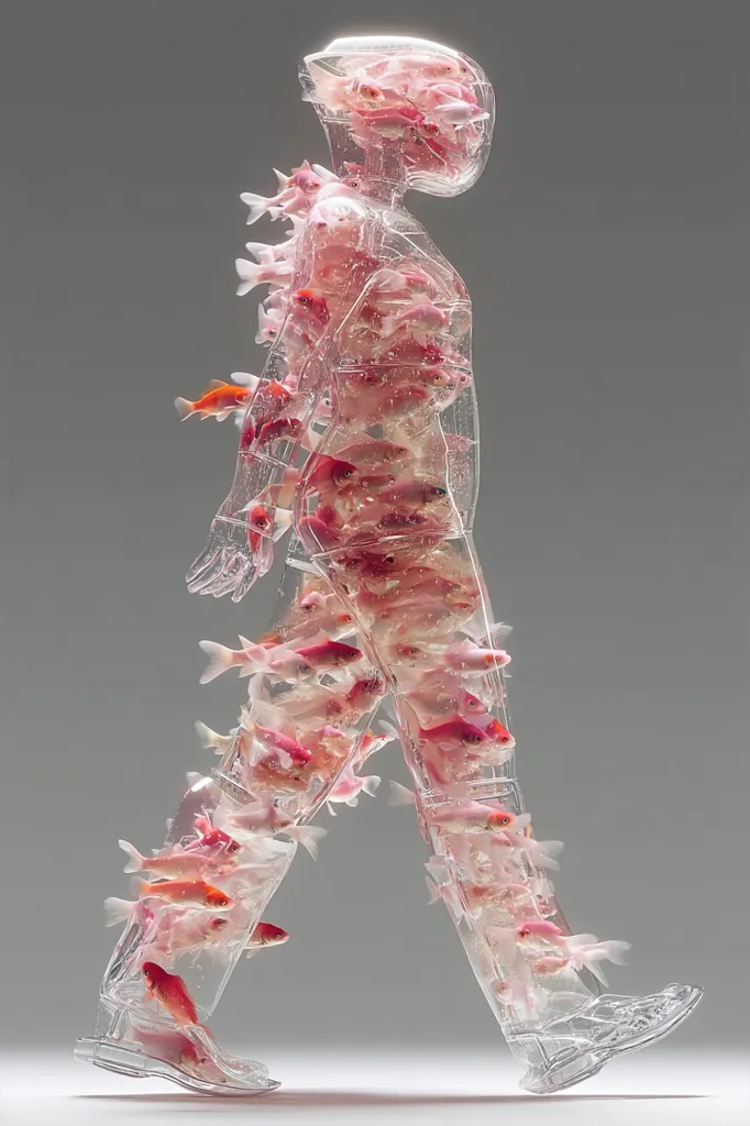 A transparent human-shaped sculpture walks, its body and clothing filled with numerous small, pinkish-red fish.  The fish swim within the clear form, creating a surreal and captivating image. The sculpture is set against a neutral grey background, emphasizing its ethereal quality.  The artwork evokes a sense of fragility and the interconnectedness of life.