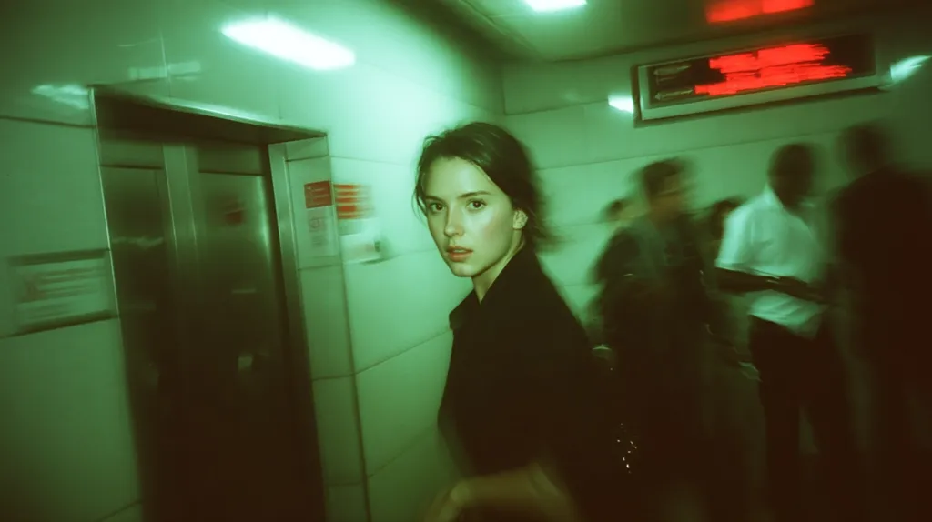 A young woman with dark hair stares intently at the camera in a dimly lit, green-tinged hallway.  She wears a dark top and appears to be moving, as suggested by motion blur.  Blurred figures of other people rush past in the background, near an elevator, creating a sense of movement and anonymity.  The overall mood is mysterious and slightly unsettling.
